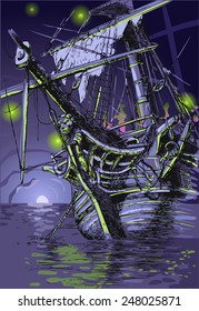 Adventure Island Pirate Ghost Ship. Neverland Cove Bay Invitations Caribbean Shipwrecked Background Picture Vector Illustration.