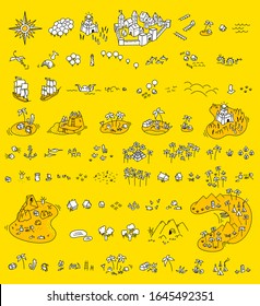 Adventure islands map set. Fantasy board game creator kit. Great sailors. Mountains and trees. Sea monsters. Selection for board game. Vector yellow white colour.