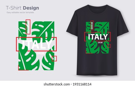 Adventure to Italy graphic t-shirt vector design, Leaf and typography.
