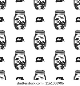 Adventure Jar Bottle seamless pattern with tent symbol, mountain elements. Vintage hand drawn wallpaper background for prints. Stock vector illustration isolated on white background.