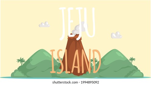 Adventure to Jeju island summer holiday. Inscription with invitation to green island with dormant volcano. Tourist travel, banner describing place for travelers. Nature and famous landmarks of Jeju