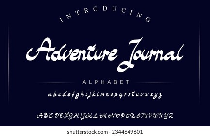 Adventure Journal Hand drawn mono line font lowercase and uppercase. Calligraphy decorative ABC alphabet isolated. Hand lettering and custom typography for your designs, logo, poster, card. Vector .