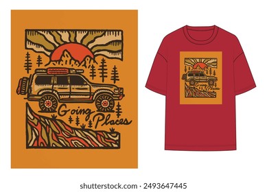 Viaje de aventura trekking a las montañas naturaleza ilustración camiseta sudadera plano boceto gráfico colocación impresión Vector de moda obra de arte