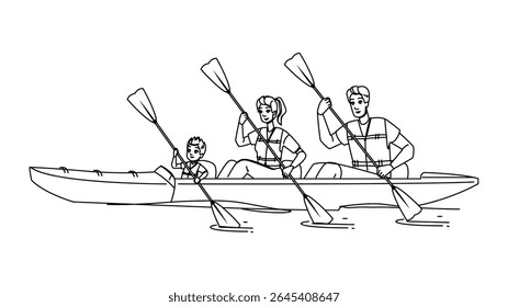 aventura vetor da família caiaque. água de remo, natureza ao ar livre, esporte rio aventura kayak personagem da família. pessoas linha preta lápis desenho ilustração
