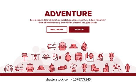Adventure Landing Web Page Header Banner Template Vector. Van And Air Balloon, Backpack And Shoe, Mountain And Wood, Tourist Adventure Illustration