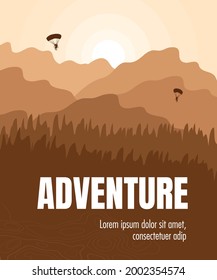 Adventure, landscape vector poster, flyer templates design, flat style. Natural wallpapers are a minimalist concept.