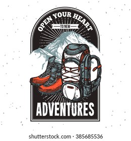 Adventure lettering emblem print of boots and backpack on mountain background with title hand drawn vector illustration