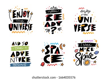 Adventure lettering phrases set. Hand drawn vector illustration. Modern Typography. Isolated on white background. Design for cards, t-shirt, poster and banner.