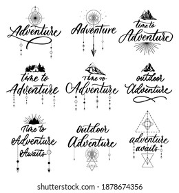 Adventure lettering set badges with illustrations. Vintage logotype with mountains and arrows.