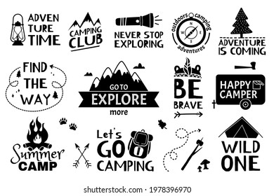 Adventure lettering. Traveling, hiking, camping quotes with doodle elements. Summers vacation, tourism adventures hand drawn logo vector set. Equipment for exploration as tent, backpack