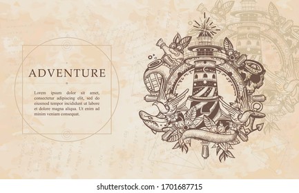 Adventure. Lighthouse. Sea adventure. Beacon, steering wheel, shark, anchor. Renaissance background. Medieval manuscript, engraving art 