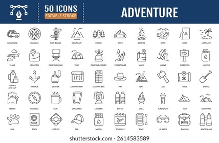 Adventure line editable icon set. Containing hike, campfire, snorkeling, climbing, travel and more. Vector Illustration