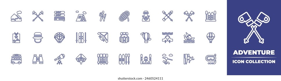 Adventure line icon collection. Editable stroke. Vector illustration. Containing hangglider, skipass, binoculars, backpack, skiing, skii, ski, hat, hanggliding, telescope, skier, parachute.