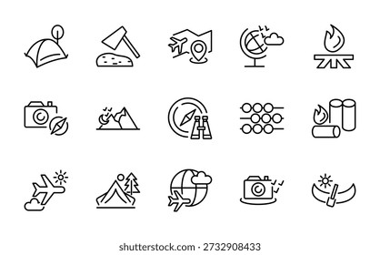 Adventure line icon set. Camping, hiking, ravel, tourism, nature, compass, globe, map, suitcase, backpack, location, cycle, sun outline icons. Vector illustration