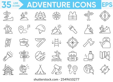 Conjunto de iconos de línea de aventura. Contiene escalada, montañas, escalador y más. Colección de iconos de vector sólido. Conjunto de Vector e ilustrador.