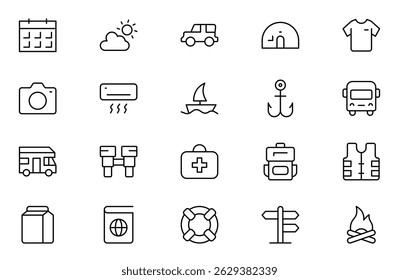 Adventure line icon set. Containing hike, campfire, snorkeling, climbing, travel and camping icons. Editable Stroke icon collection Outline icon