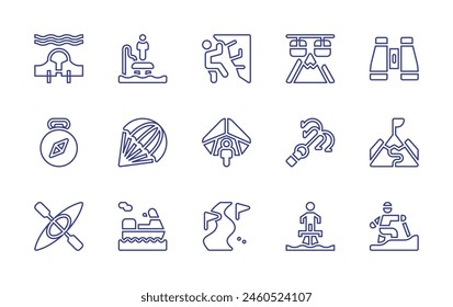 Adventure line icon set. Editable stroke. Vector illustration. Containing kayak, compass, hook, slalom, climbing, flyboard, subwing, parachute, hanggliding, cablecar, jetski.