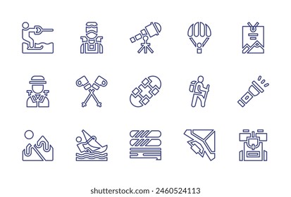 Adventure line icon set. Editable stroke. Vector illustration. Containing hiking, hangglider, windsurf, skipoles, adventurer, backpack, flashlight, mountain, waterskiing, skateboard.