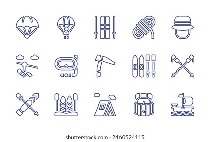 Conjunto de iconos de línea de aventura. Trazo editable. Ilustración vectorial. Contiene hielo, mochila, esquí, esquí, skisticks, sombrero, paracaídas, barco, cuerda, tienda, gafas de buceo.