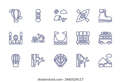 Conjunto de iconos de línea de aventura. Trazo editable. Ilustración vectorial. Conteniendo esquí, rappel, kayak, snowboard, moto de nieve, escalada, rampa, esquiador, paracaídas, globo aerostático, campamento.