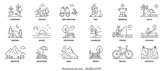 Adventure line icon set featuring camping, hiking, beach, kayaking, fishing, barbecue, mountain, waterfall, cycling, and recreation. Perfect for travel, tourism, park, nature, and UI design.