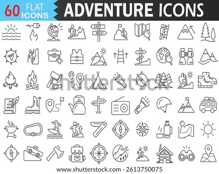 Adventure Line Icon Set — Includes Climbing, Hiking, Mountains, Camping, Navigation, and More. Thin Stroke Vector Collection for Illustrator. Editable Stroke
