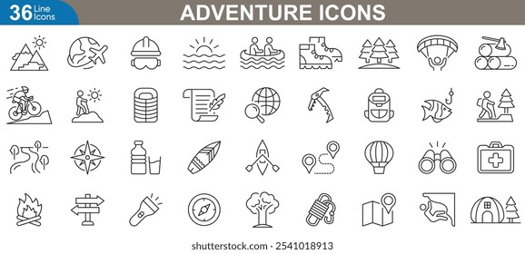 Adventure line icons set. Mountain, hiking, trail, camping, tent, backpack, binoculars, map, campfire, kayaking and more. vector illustration.