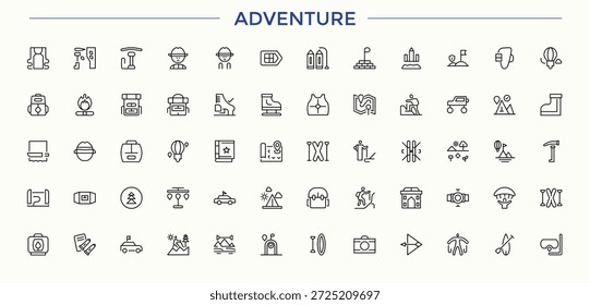 Abenteuer lineare Icon-Set. Einfache Linienvektorsymbole. Bearbeitbarer Strich. Vektorsammlung. Wandersymbolsatz. Enthält im Zusammenhang mit Erkundung, Reisen, Klettern, Camping, Klettern, Camp und mehr.