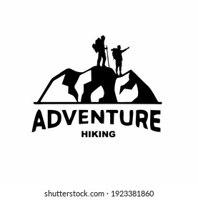 adventure logo is black, there are two men who are climbing the mountain