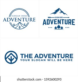 Adventure logo with circle mountain tree arrow spear blue line art vector suitable for travel hotel outdoor label