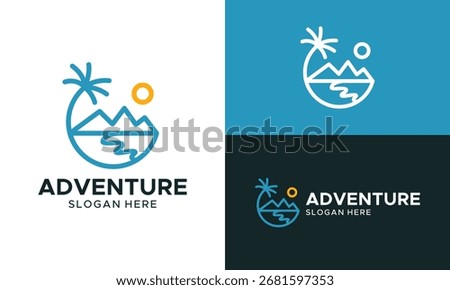 Adventure logo design. Beach concept vector design with with views of palm trees, mountains, and also the sun symbol graphic icon