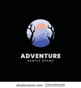 adventure logo design, with elements of mountains and trees, suitable for adventure branding