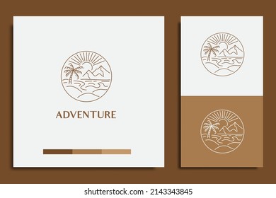 diseño de logotipo de aventura, con icono de montañas y árboles