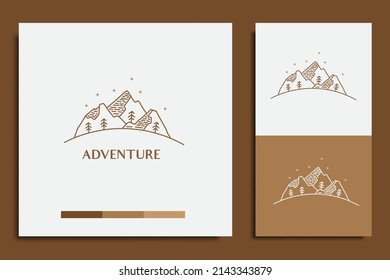 adventure logo design, with mountains and trees icon