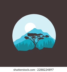 plantilla de diseño de logotipo de aventura, con elementos de montaña y árboles