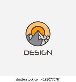 adventure logo design template, with rock mountains icon and sun in a circle