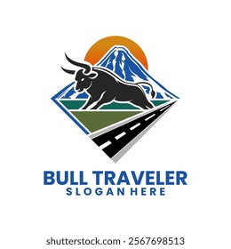 Adventure logo design vector. Mountain, Road, Sun, Rice field, and Bull vector combination. Traveler logo template