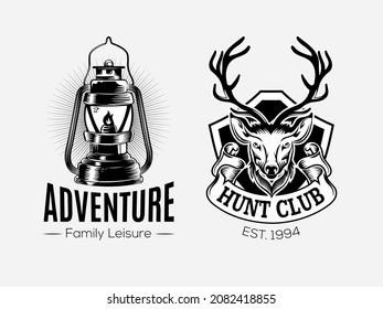 Adventure logo element for emblem. Outdoor activity symbol. Old kerosene lamp illustration logo template. Hunter club, deer hunting symbol icon.