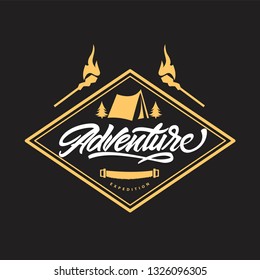 Adventure logo emblem in lettering style , tent and bonfire . Vector illustration design 