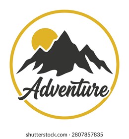 Adventure logo featuring a mountain range and sun, symbolizing exploration and freedom