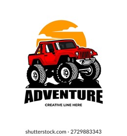 Logotipo de aventura con rocas de escalada de vehículos 4x4 todo terreno
