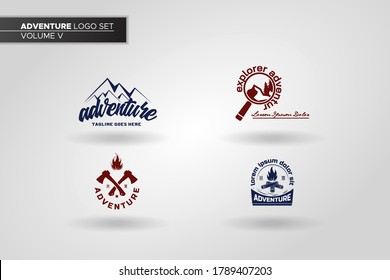 Adventure logo flat vector illustration set. Design element sign logo stamp collection of mountain peaks, twin axes, bonfire, and loop