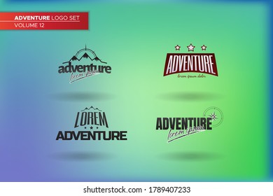 Adventure logo flat vector illustration set. Design element sign logo stamp collection of Mountain peaks over the compass icon and logotype whit compass icon