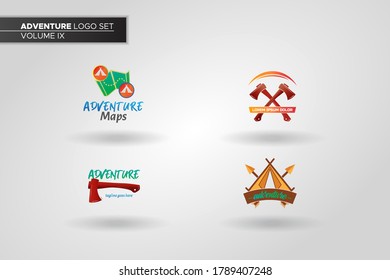 Conjunto de ilustraciones vectoriales planas con logotipo de aventura. Elemento de diseño firma logotipo colección de sellos de mapas de aventura, ejes gemelos, hacha y tienda de campaña