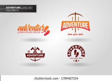 Conjunto de ilustraciones vectoriales planas con logotipo de aventura. Elemento de diseño signo logotipo colección de sellos de hielo, paso de pie, ejes gemelos y logotipo