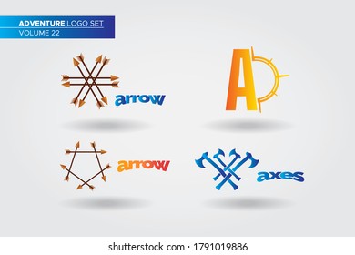 Adventure logo flat vector illustration set. Design element sign logo stamp collection of arrow symbol, compass, and axes