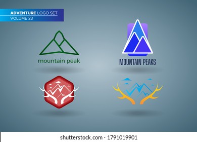 Adventure logo flat vector illustration set. Design element sign logo stamp collection of simple mountain peak and deer horn badges