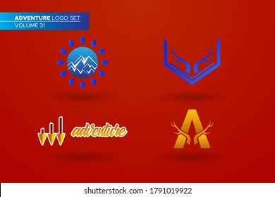 Adventure logo flat vector illustration set. Design element sign logo stamp collection of deer antlers on letter A, triple arrows, mountain badge