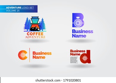 Conjunto de ilustraciones vectoriales planas con logotipo de aventura. Signo del elemento de diseño marca del logotipo colección de letras b, c y d con icono de brújula y maceta de moca entre pinos