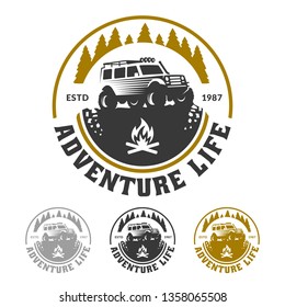 Adventure logo, forest and off road car, outdoor life